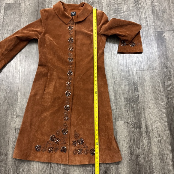 Hot in Hollywood Suede Leather Beaded Floral Embellished Long Jacket - Picture 4 of 11